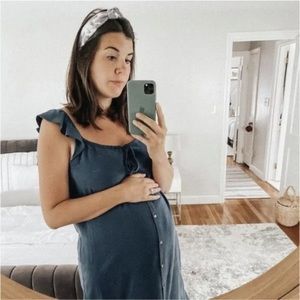 Hatch Maternity Jenna Black Flutter Sleeve Ruffle Tencel Linen Midi Dress